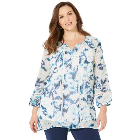 Catherines Women's Plus Size Floral Pintuck Peasant Top - 1x, Light ...