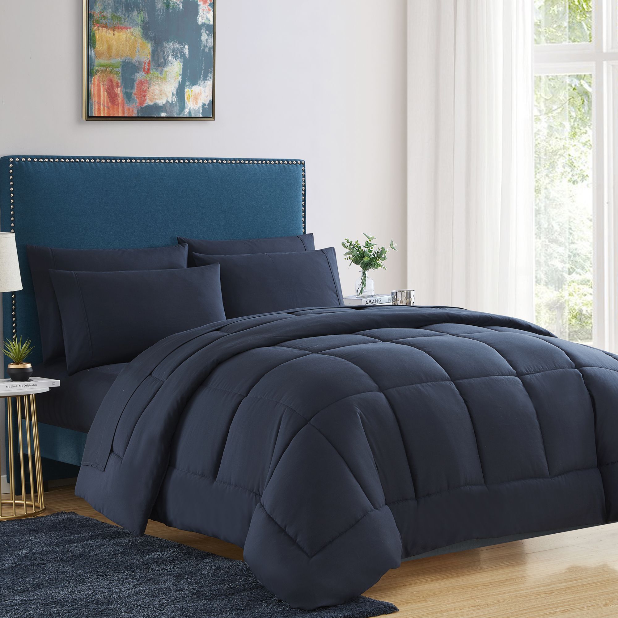 Bed-in-A-Bag Solid Color Comforter & Sheet Set Soft All Season Bedding, California King, Navy