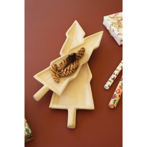 Kalalou Set of Two Carved Wooden Christmas Tree Platters – Rustic Holiday Serveware - 1 of 3
