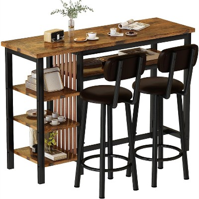 Hooseng 3-Piece Dining Room Table Set with 2 Upholstered Bar Stools, Modern Farmhouse Style Bar Table Set for 2 with Multiple Tier Storage Shelves