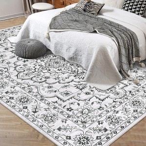 Modern Washable Area Rug for Living Room, Floral Print Floor Rug with Non Slip Backing, Low Pile Stain Resistant Indoor Carpet for Dorm - 1 of 4
