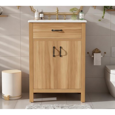24" Bathroom Vanity with Solid Wood Frame, Flip Drawer, 2 Soft-Close Doors with Door Storage, Adjustable Shelf, and Modern Sink Cabinet