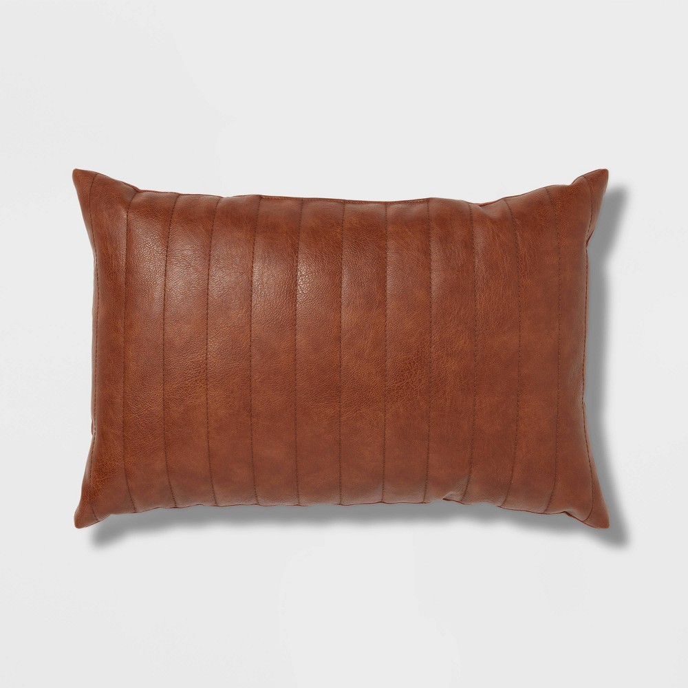 Oblong Faux Leather Channel Stitch Decorative Throw Pillow Cognac - Threshold™: Indoor Polyurethane & Cotton Blend Lumbar Pillow
