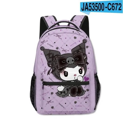 Backpack Kuromi Pattern Front Zip Pocket Mesh Side Pockets Purple