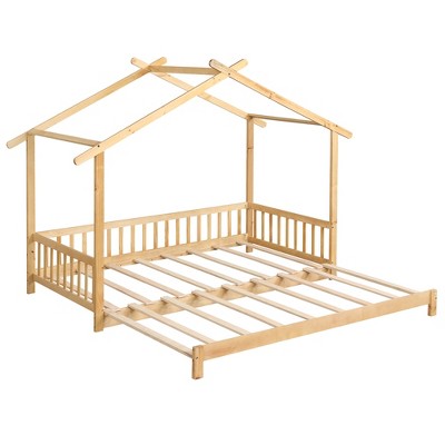 Tangkula Wooden House Bed Twin to King Daybed w/ Safety Rails & Decorable Roof