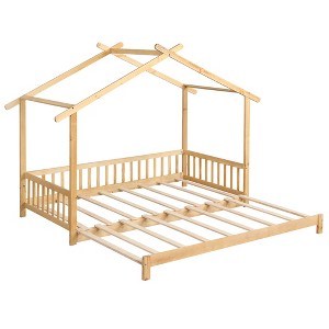 Tangkula Wooden House Bed Twin to King Daybed w/ Safety Rails & Decorable Roof - 1 of 4