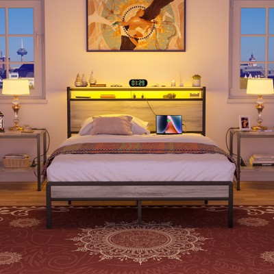Aheaplus Platform Bed Frame with Charged Station and LED Lights