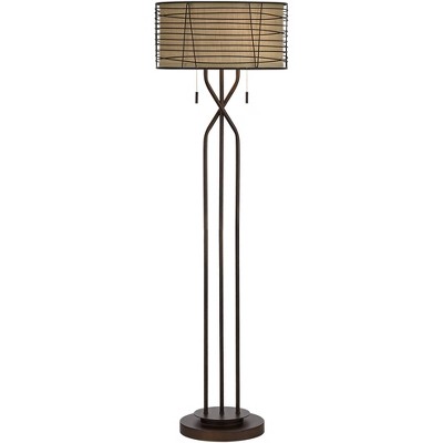 Franklin Iron Works Modern Floor Lamp Industrial Bronze Woven Iron and Burlap Double Drum Shade for Living Room Reading Bedroom