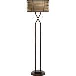 Franklin Iron Works Modern Floor Lamp Industrial 60.5" Tall Bronze Woven Iron and Burlap Double Drum Shade for Living Room Reading Bedroom