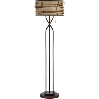 Franklin Iron Works Marlowe Rustic Farmhouse Floor Lamp 60 1/2" Tall Bronze Metal Oster Woven Burlap Fabric Inner Drum Shade for Living Room Bedroom