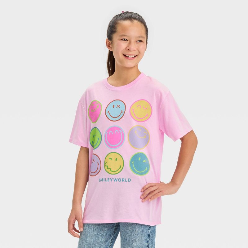 Girls' Short Sleeve Oversized Smiley Face Graphic T-Shirt - art class™ Light Purple, 1 of 5