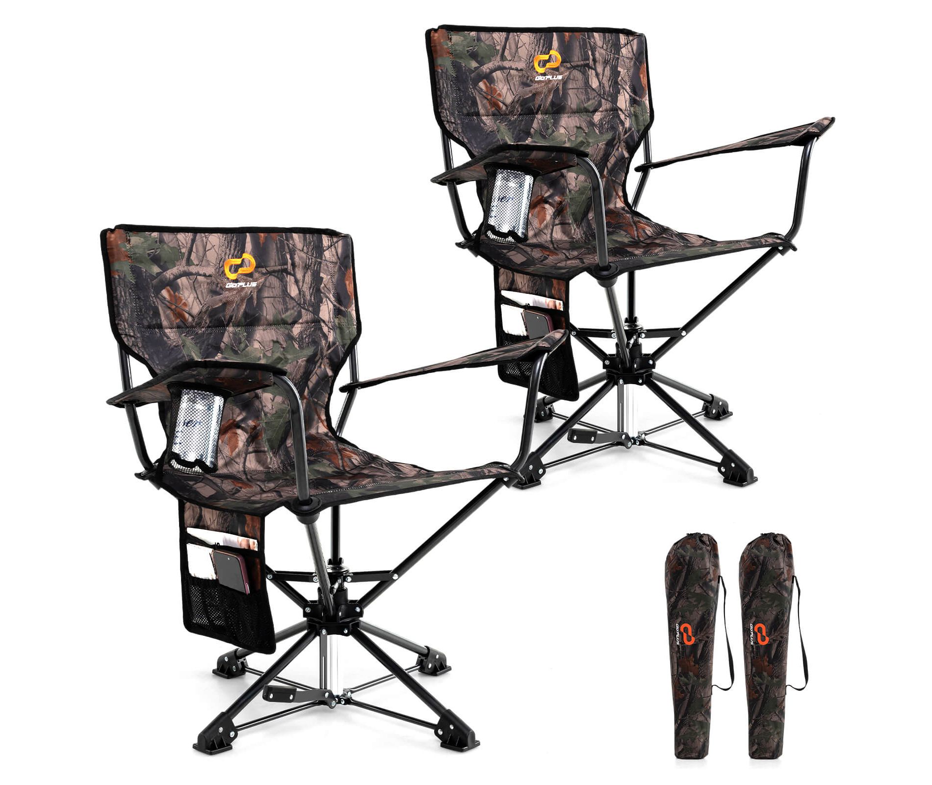 Costway 2PCS 360° Swivel Hunting Chair with Mesh Cup Holder & Storage Pockets Cozy Backrest Camo