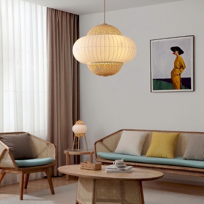 Large Bohemian Bamboo and Silk Pendant Light with Aluminum Body