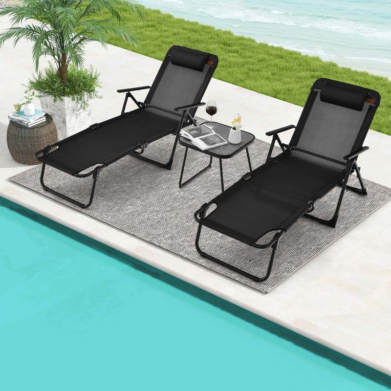 Costway 3pcs Patio Folding Chaise Lounge Chair PVC Tabletop Set Outdoor Portable Beach, 1 of 11