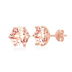 Bella Silver Sterling Silver Six-Prong 8mm Round Morganite CZ Stud Earrings - Rose Gold Plated - Rose - 1 of 2