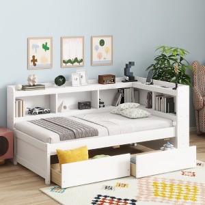 KTMBDW Twin/Full Corner Bed Frame with 2 Storage Drawers,Bookcase Headboard and Charging Station,Wood Daybed with Storage for Teen/Adult - 1 of 4