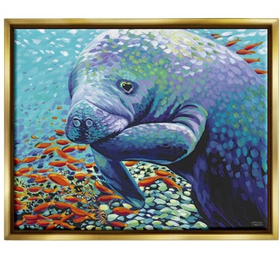 Stupell Industries Underwater Manatee Impressionist Framed Floater Canvas Wall Art