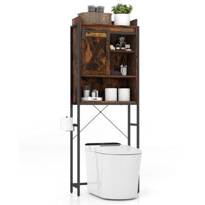 Tangkula Over The Toilet Storage Cabinet 4-Tier Bathroom Organizer w/ Adjustable Shelves Sliding Barn Door & Toilet Paper Holder Rustic Brown/Espresso