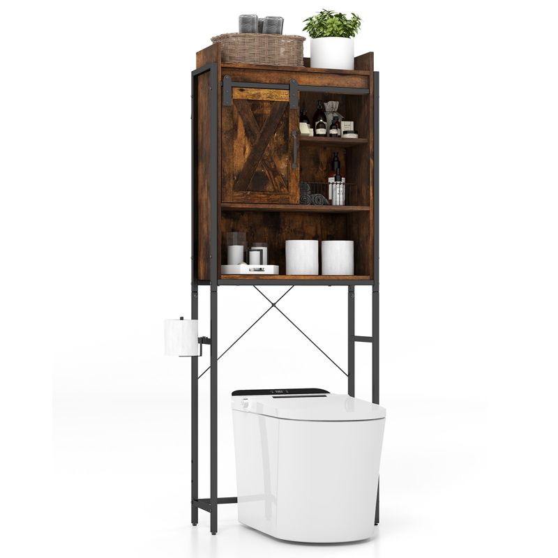 Tangkula Over The Toilet Storage Cabinet 4-Tier Bathroom Organizer w/ Adjustable Shelves Sliding Barn Door & Toilet Paper Holder Rustic Brown/Espresso, 1 of 8