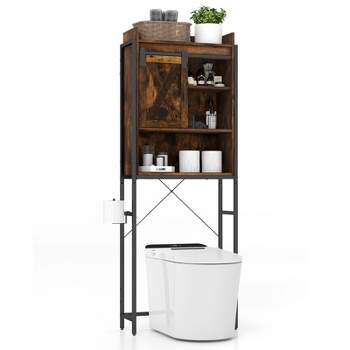 Tangkula Over The Toilet Storage Cabinet 4-Tier Bathroom Organizer w/ Adjustable Shelves Sliding Barn Door & Toilet Paper Holder Rustic Brown/Espresso