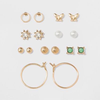 Two Spheres, Two Circles, Flower, Pearl, Green Stone &#38; Bow Stud Earring Set 8pc - A New Day&#8482; Gold