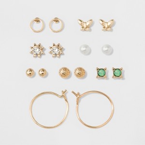 Two Spheres, Two Circles, Flower, Pearl, Green Stone & Bow Stud Earring Set 8pc - A New Day™ Gold - 1 of 2