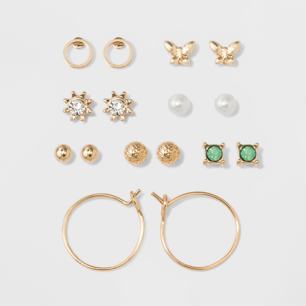 Photos - Earrings Two Spheres, Two Circles, Flower, Pearl, Green Stone & Bow Stud Earring Se