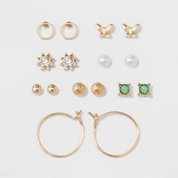Two Spheres, Two Circles, Flower, Pearl, Green Stone & Bow Stud Earring Set 8pc - A New Day™ Gold