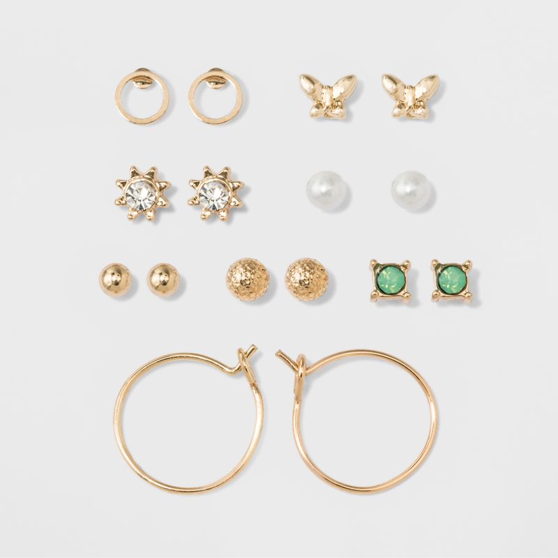 Two Spheres, Two Circles, Flower, Pearl, Green Stone &#38; Bow Stud Earring Set 8pc - A New Day&#8482; Gold, 1 of 3