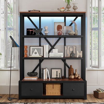Metal Bookcase with Drawers, 3-Shelf Bookcase with LED, Display Stand for Living Room Home Office Entryway Bedroom