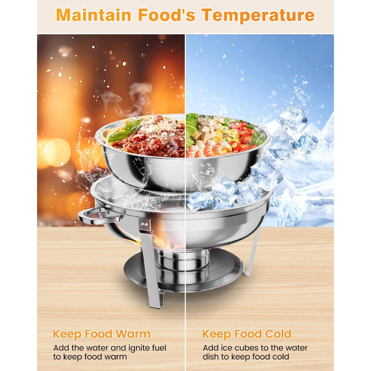 Garvee 2Pcs Chafing Dish Buffet, 5 QT Stainless Steel Chafer Food Warmer with Lids, Round Food Grade, Sliver - thumbnail 3