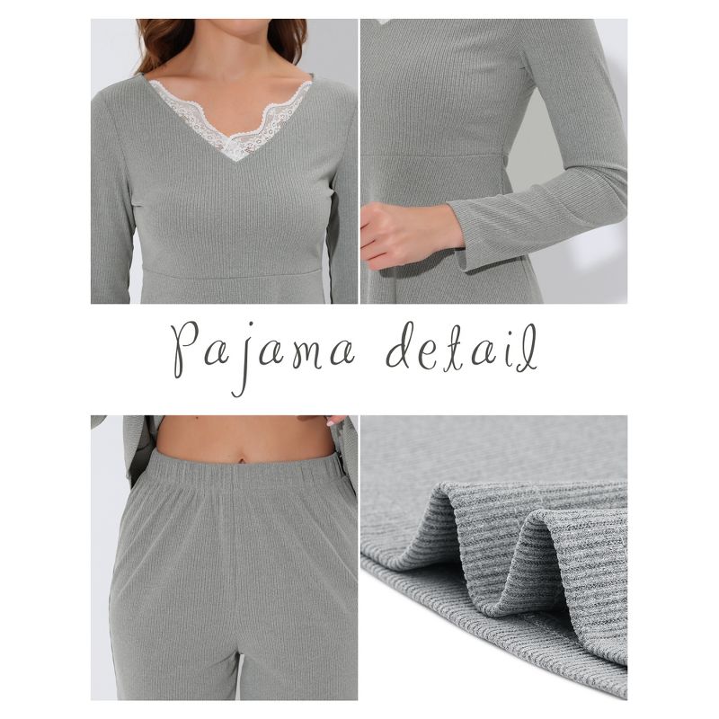 cheibear Women's Sleepwear Lounge Ribbed Knit Peplum Tops with Lace Long Sleeve Pajamas Set, 4 of 6