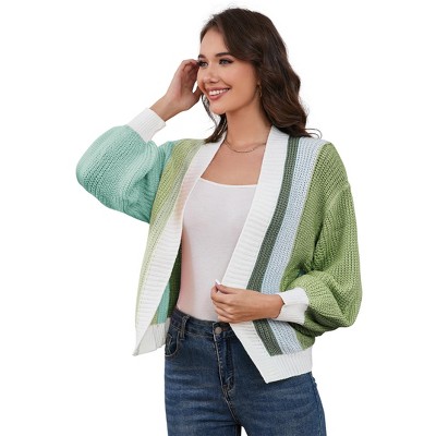 KOJOOIN Women's Color Block Open Front Long Sleeve Casual Cardigan Sweater Ribbed Knit Cropped Cardigan Sweaters