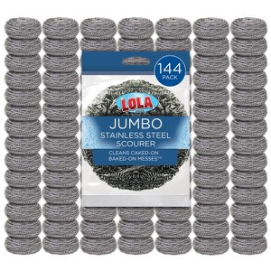Stainless Steel Wool Scourer -Jumbo Sized- 35 Grams, by LOLA, Curled Flat Wire, Cleans Caked On & Baked On Messes on Cookware, 144 Pack - 1 of 4