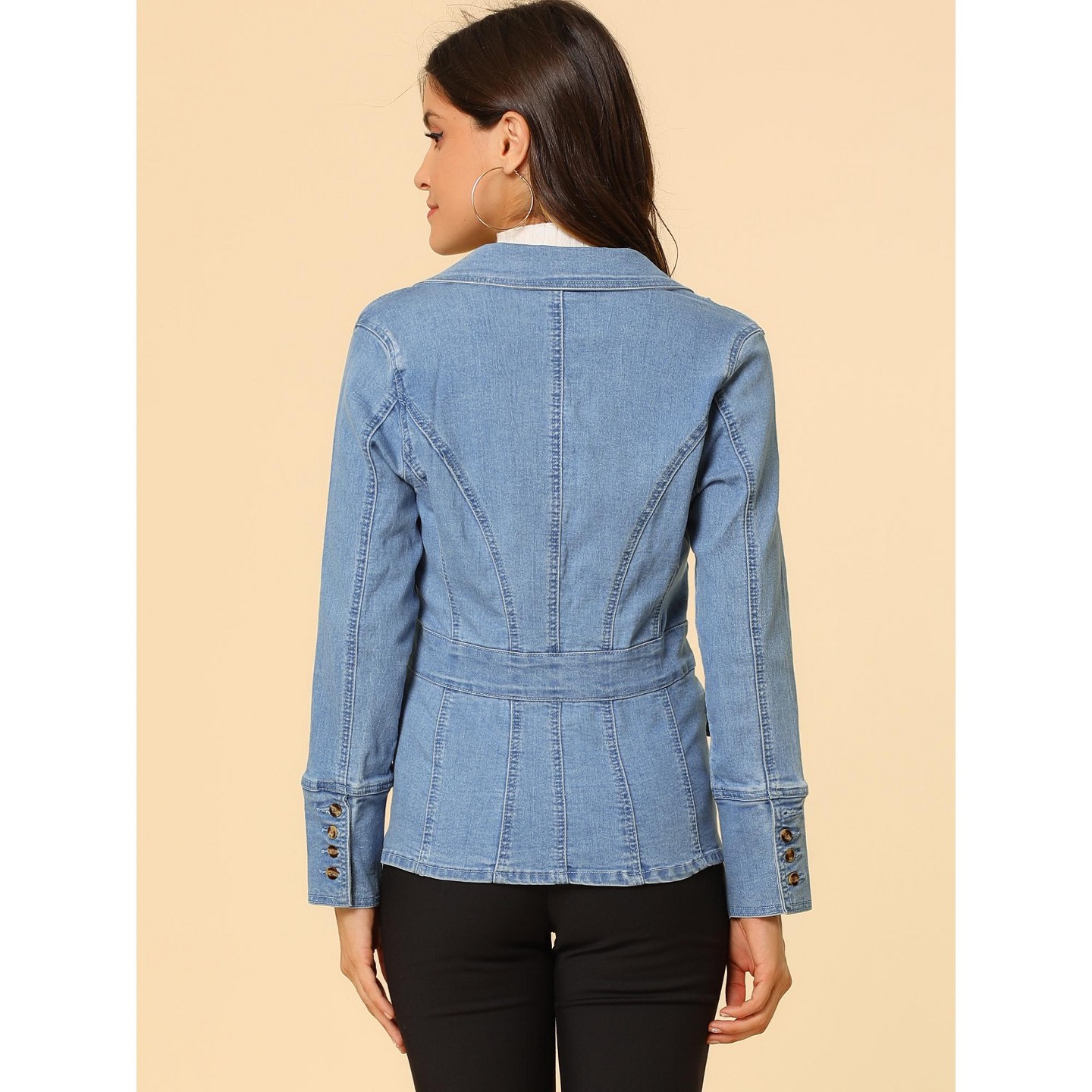 Женский пиджак Allegra K Regular Fit Casual Notched Lapel Long Sleeve Denim Pockets Blazer Medium Baby Blue, цвет: Джинсовый — фото 5