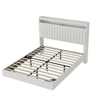 Floating bed frame, modern upholstered platform bed with storage headboard and lamp, wooden slat support, no box spring required, easy to assemble - 1 of 4