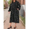 Women's Plus Size Floral Pattern V Neck Long Sleeve Front Slit Pockets Flowy Casual Midi Dress with Belted - Agnes Orinda - 3 of 4