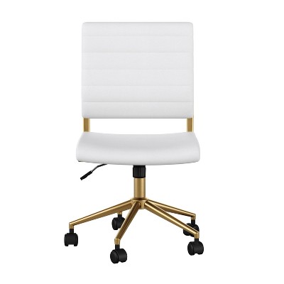 White Faux Leather Armless Swivel Office Chair with Brass Frame