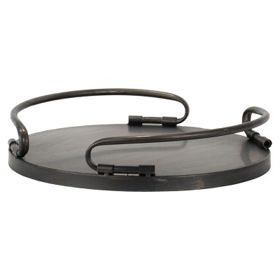 Small Round Dark Metal and Wood Tray with Handles