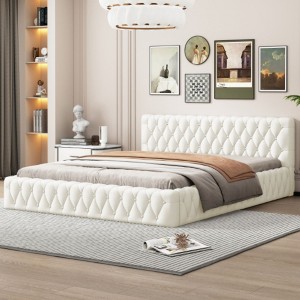 Queen Size Velvet Upholstered Platform Bed, with Luxurious Diamond Grid Headboard - 1 of 4