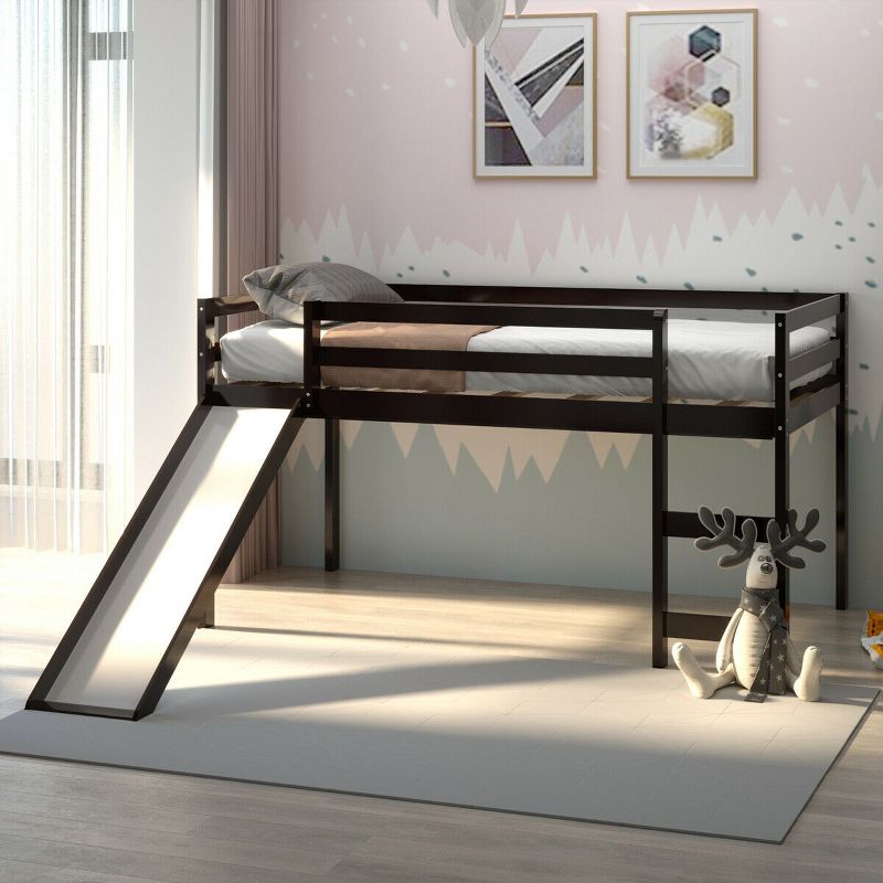 Tangkula Twin Size Loft Bed with Slide Wood Low Sturdy Loft Bed for Kids Bedroom Espresso, 4 of 11