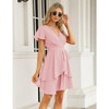 Womens Skater Dresses Sexy V Neck Short Sleeve Tie Waist Solid Ruffle Boho Flowy Swing Mini Dress - 4 of 4
