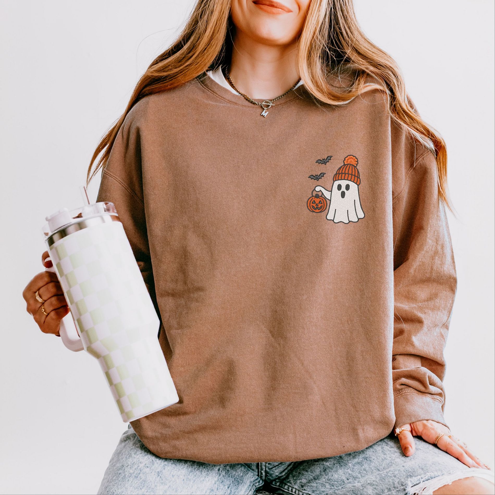 Embroidered Beanie Ghost - Womens Lightweight Garment Dyed Sweatshirt