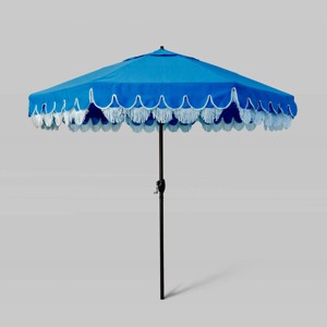 9' Sunbrella Scallop Base and Fringe Market Patio Umbrella with Auto Tilt - Bronze Pole - California Umbrella - 1 of 3