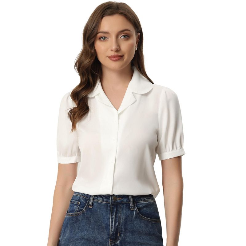 Allegra K Women's Collar Button Front Short Sleeves Work Shirts, 1 of 5