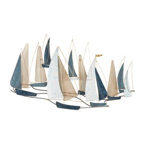 30"x52" Metal Sail Boat Wall Decor with Gold Wire Accents and Shimmer Details Blue - Olivia & May: Iron Craftsmanship, Coastal Art - 1 of 4