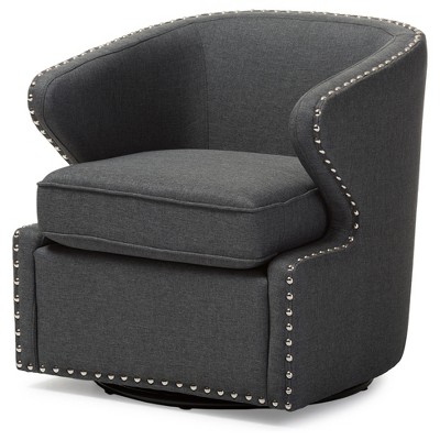 Baxton Studio Finley Mid-Century Modern Fabric Upholstered Swivel Armchair - Gray : Polyester, Wood Frame, 250lb Capacity