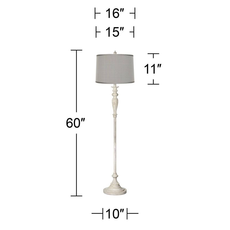 Possini Euro Design Vintage Shabby Chic Floor Lamp 60" Tall Antique White Washed Platinum Gray Silk Drum Shade for Living Room Office, 3 of 4