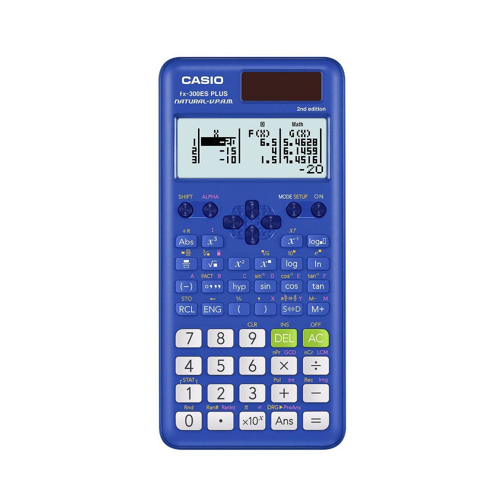 Casio FX-300 Scientific Calculator - Blue Casio FX-300ESPLS2-S 2nd Edition Scientific Calculator with sleek new design and slide on hard case with Natural Textbook Display and improved math functionality. 262 Built-in Math Functions:, including basic and advanced scientific, exponential and trigonometric, fractions, regression analysis and more. It has been designed as the perfect choice for middle school through high school students learning General Math, Trigonometry, Statistics, Algebra I and II, Pre-Algebra, Geometry, Physics. Entry Logic: V.P.A.M. operating system. Solar power with battery back-up. Dimensions: W 3 1/8 x L 6 3/8 x H 1/2 inches 3.7 oz. Color Blue. Color: One Color.