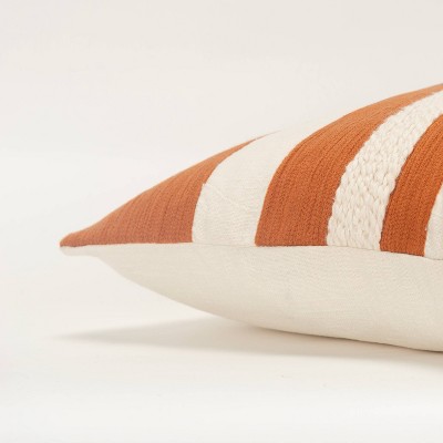 Rust and Natural Embroidered Stripe Square Throw Pillow